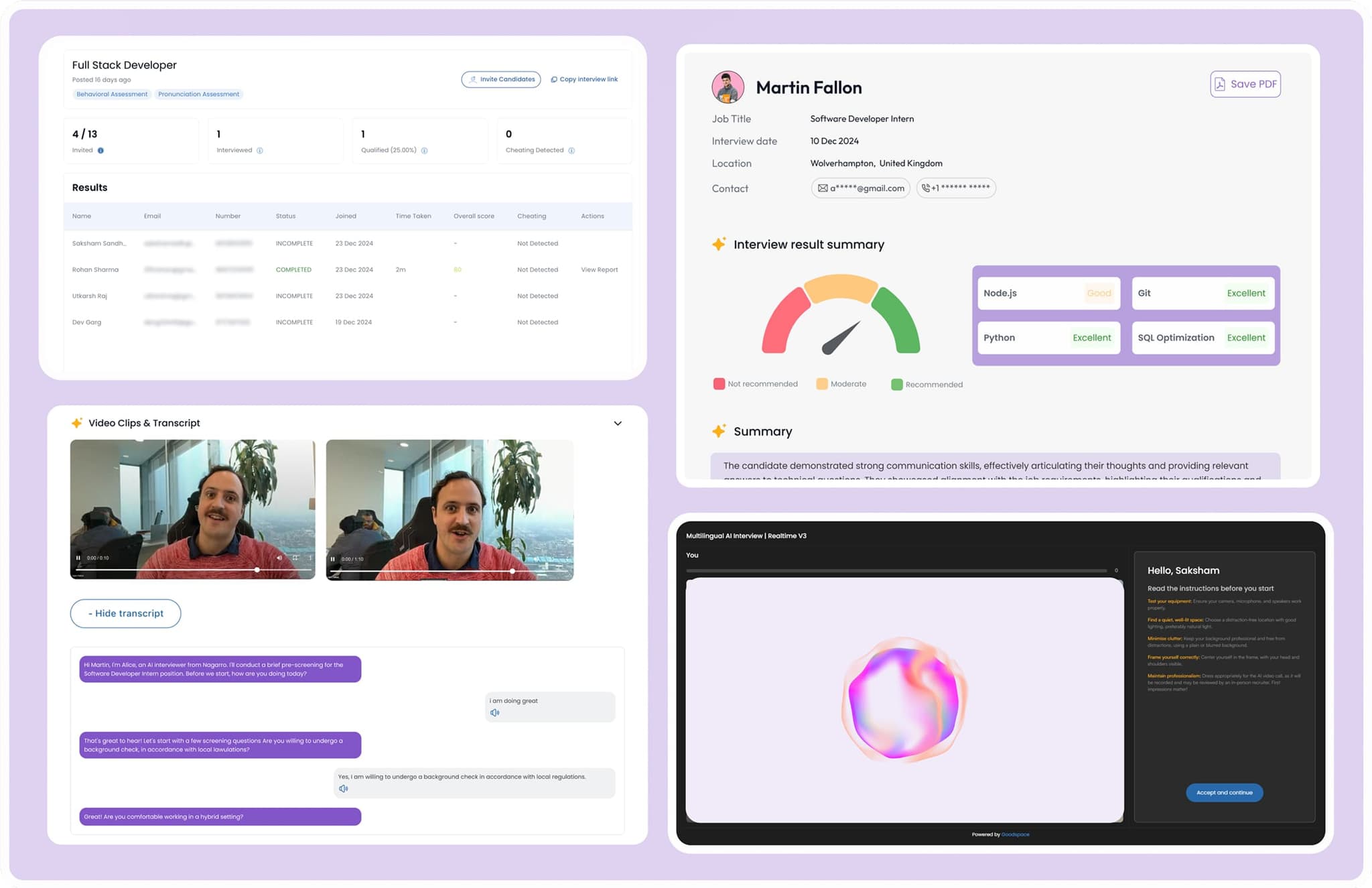 AI Interviewer platform dashboard showing live video interview in progress with candidate assessment analytics