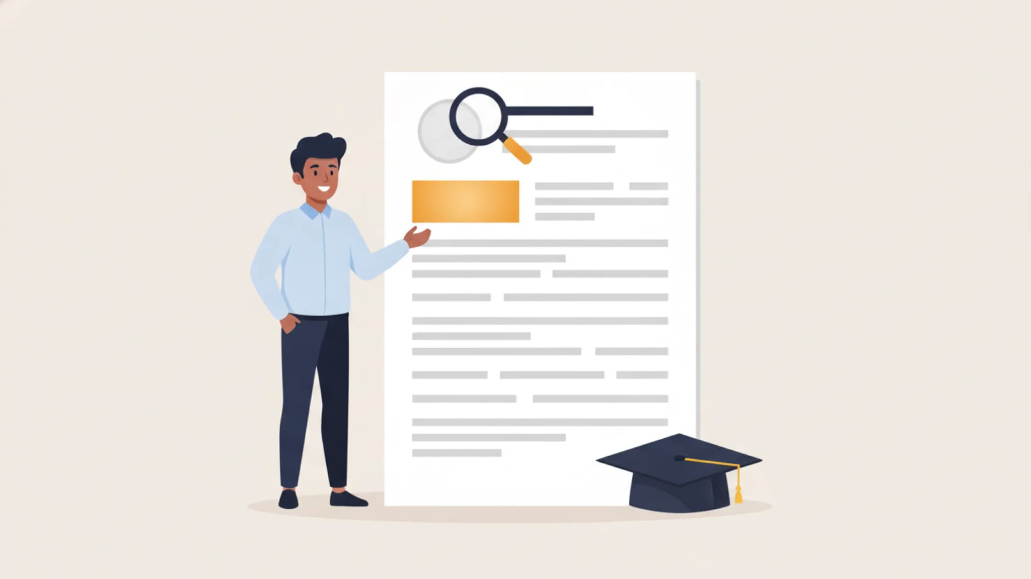 Flat illustration of a young graduate in a light blue shirt presenting an oversized blank resume sheet, a magnifying glass over its top section and one highlighted amber panel standing in for the personal summary, with a graduation cap resting beside it