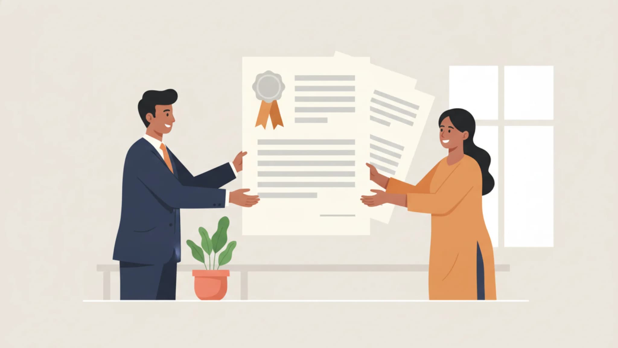 Flat illustration of an Indian HR manager handing a sealed appointment letter across a desk to a smiling new employee, with sample document sheets fanned out behind