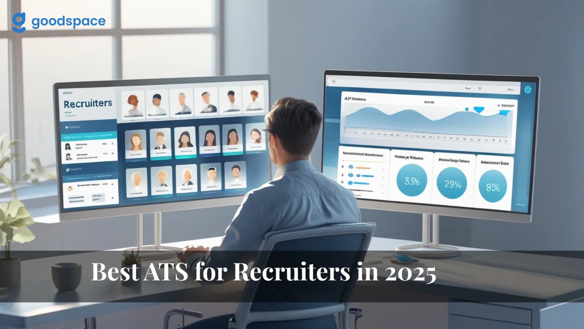 Recruiter at a dual monitor desk viewing a candidate grid headed Recruiters next to a hiring analytics dashboard