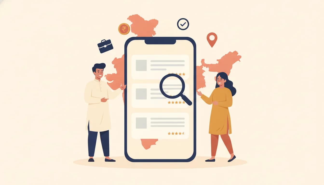 Flat illustration of two young Indian job seekers comparing stacked job listing cards on a large smartphone under a magnifying glass, with an outline map of India and briefcase, rupee coin and location pin icons
