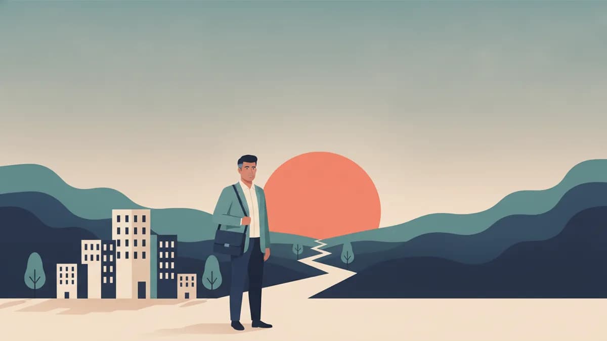 Illustration of a mid career professional at a forking road between a city skyline and open hills at sunset