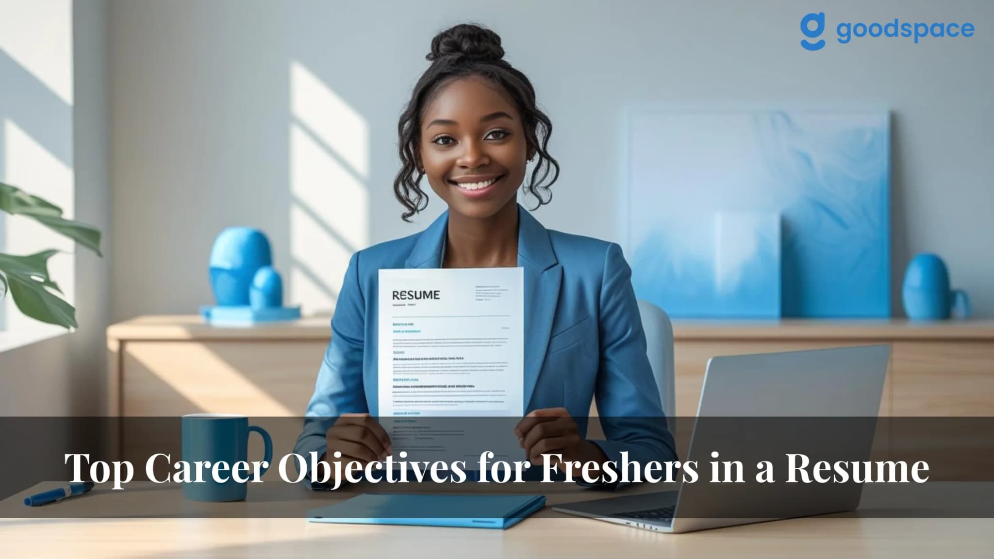 Smiling fresher in a blue blazer holding a printed RESUME page at a desk with laptop and mug