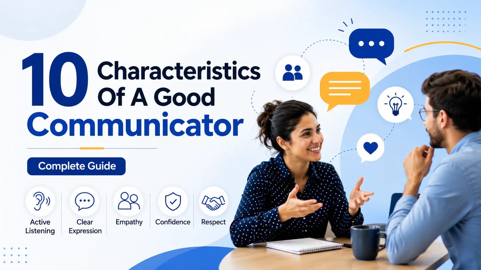 Two colleagues in conversation beside chat bubble icons labelled active listening, empathy, confidence and respect