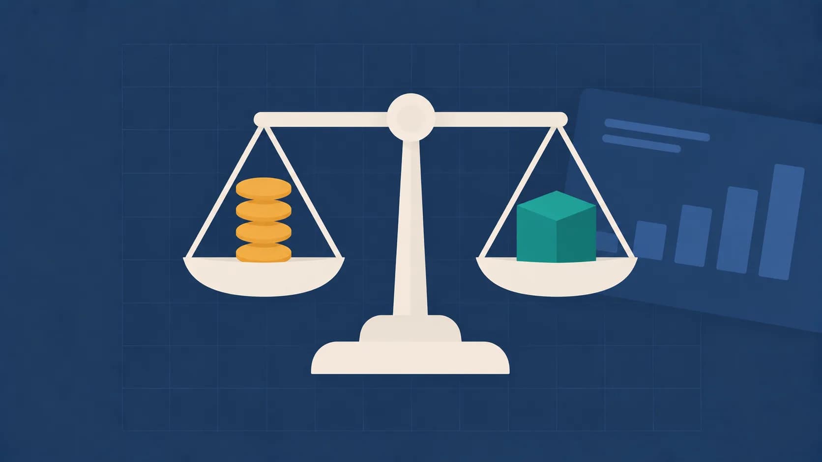 Geometric illustration of a balance scale weighing coins against a block, representing cost per hire.