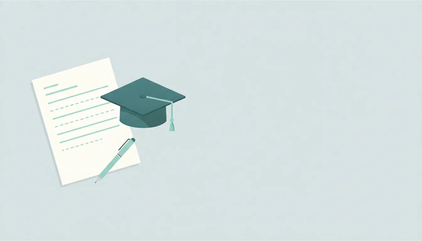 Minimal illustration of a graduation cap, a pen and a lined letter sheet on pale blue, for fresher cover letters