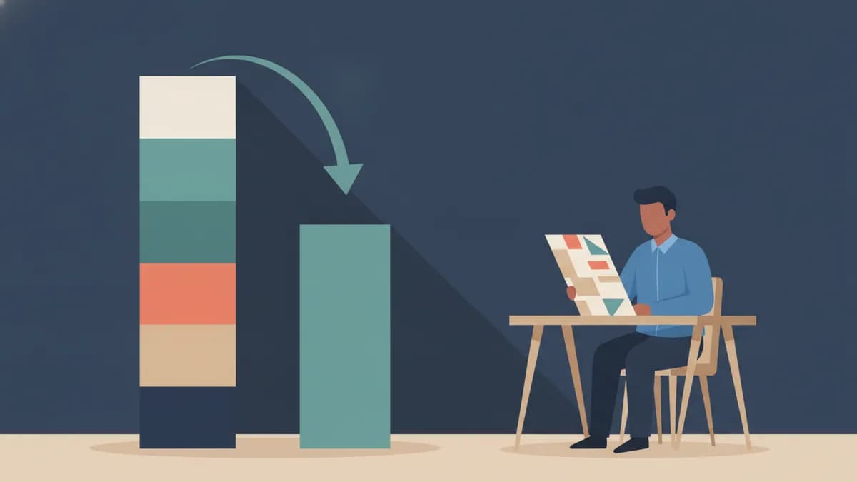 Illustration of a tall stacked CTC bar shrinking to a shorter in hand salary bar, man reading a payslip
