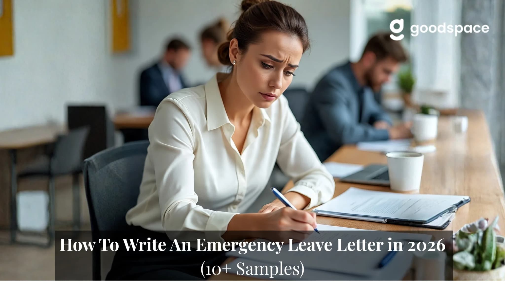 Worried office worker writing an emergency leave letter on a clipboard while colleagues work at the shared desk behind
