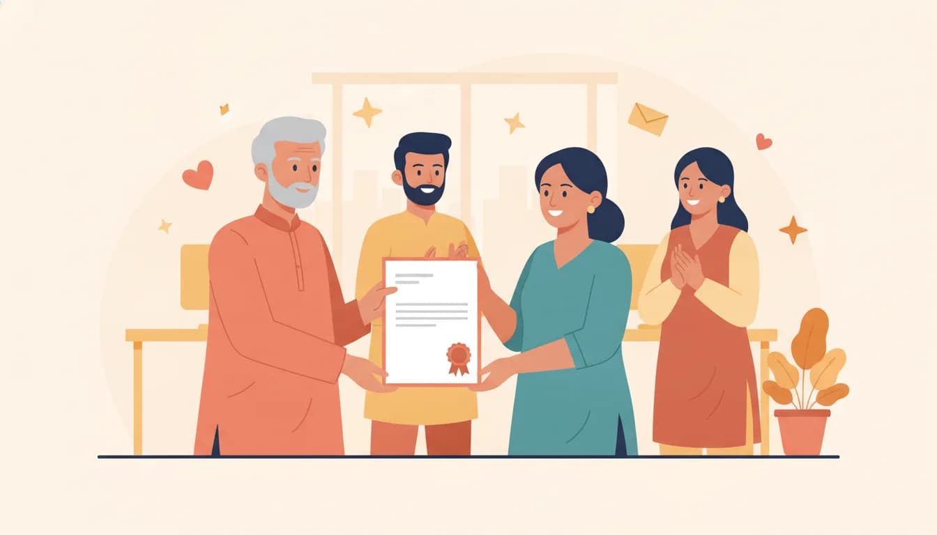 Flat illustration of a senior Indian manager in a coral kurta presenting an award sheet with a red ribbon seal to a smiling colleague in a teal kurta while two co-workers applaud in a bright Indian office