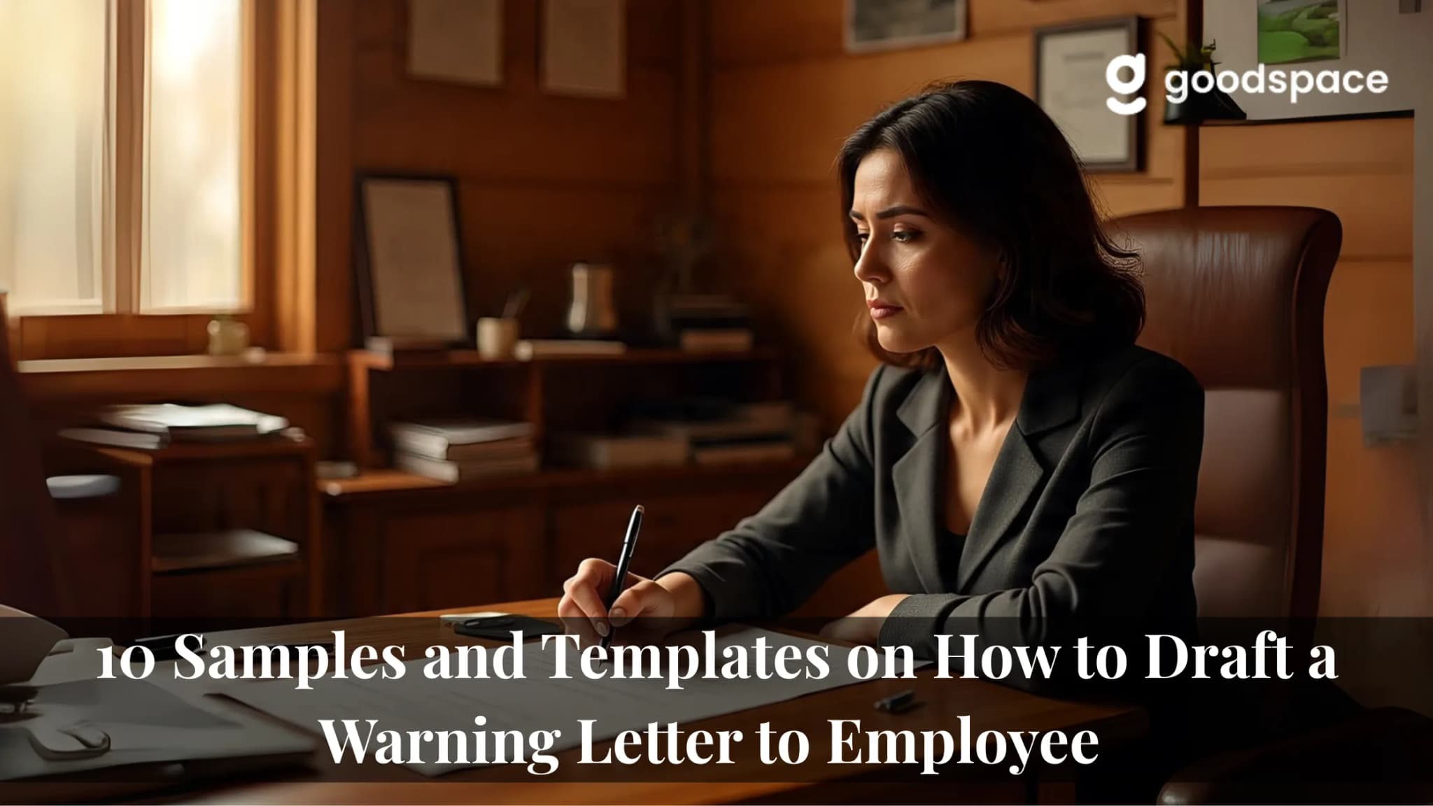 Woman in a dark blazer writing at a wooden office desk, drafting a warning letter to an employee