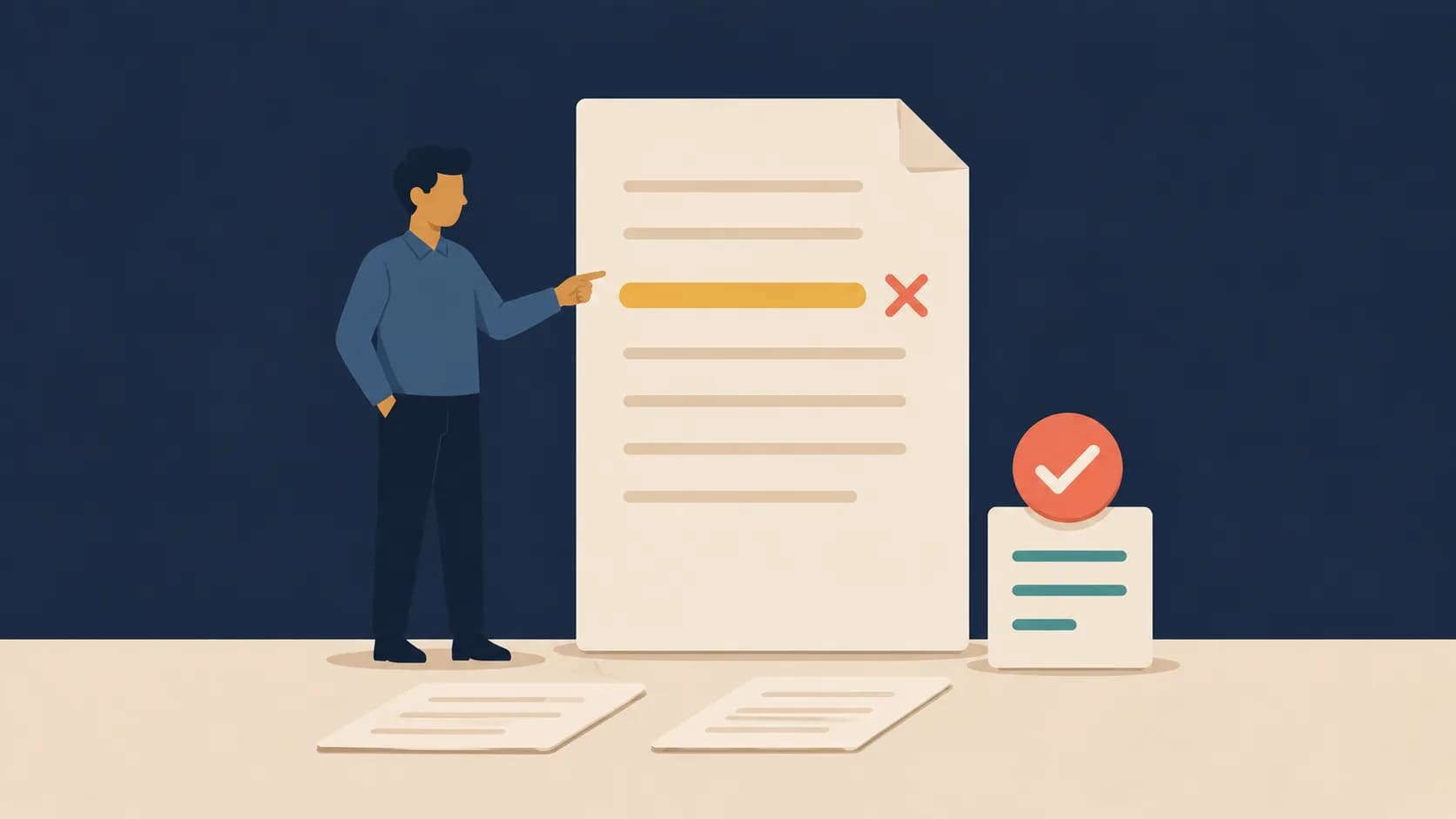 Flat illustration of a person pointing at a corrected line on their own document, representing examples of honesty at work.