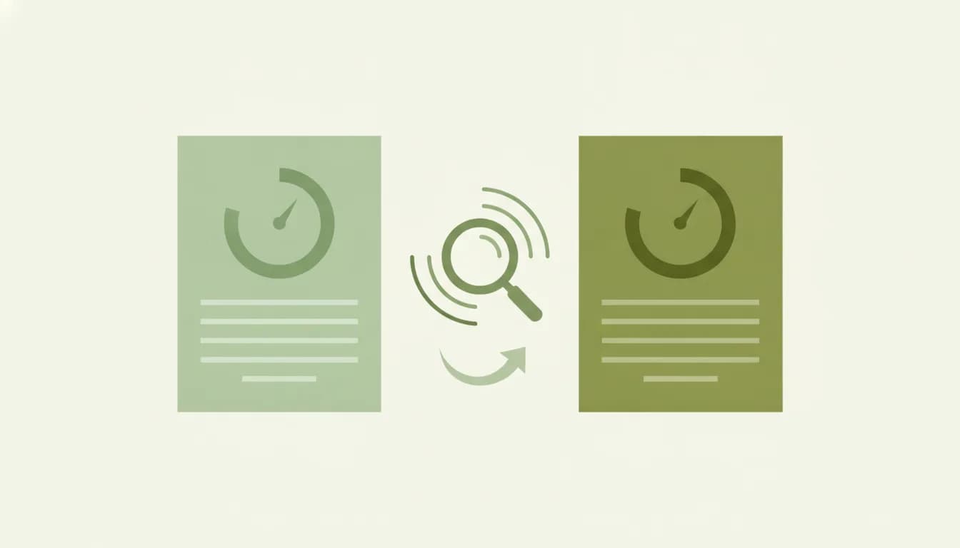 Illustration of two resume pages with score dials, compared by a magnifying glass and a rescan arrow