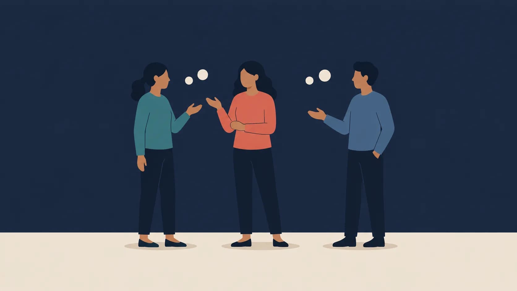 Flat illustration of three colleagues standing in an open circle with space to join, representing friendliness and interpersonal skills at work.