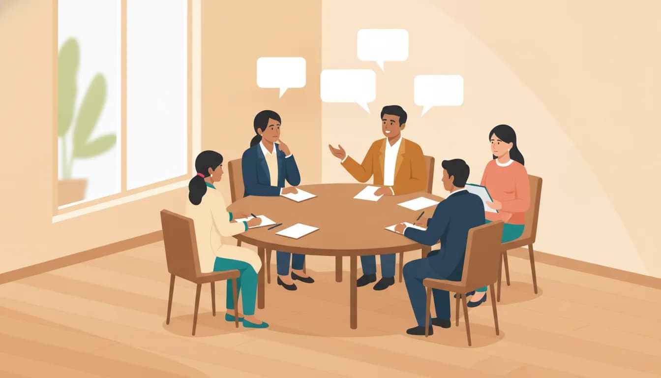 Flat vector illustration of five Indian candidates in smart formal clothing seated around a round wooden table in a group discussion, one speaking with an open palm gesture while empty speech bubbles float overhead and the others listen and take notes on blank notepads