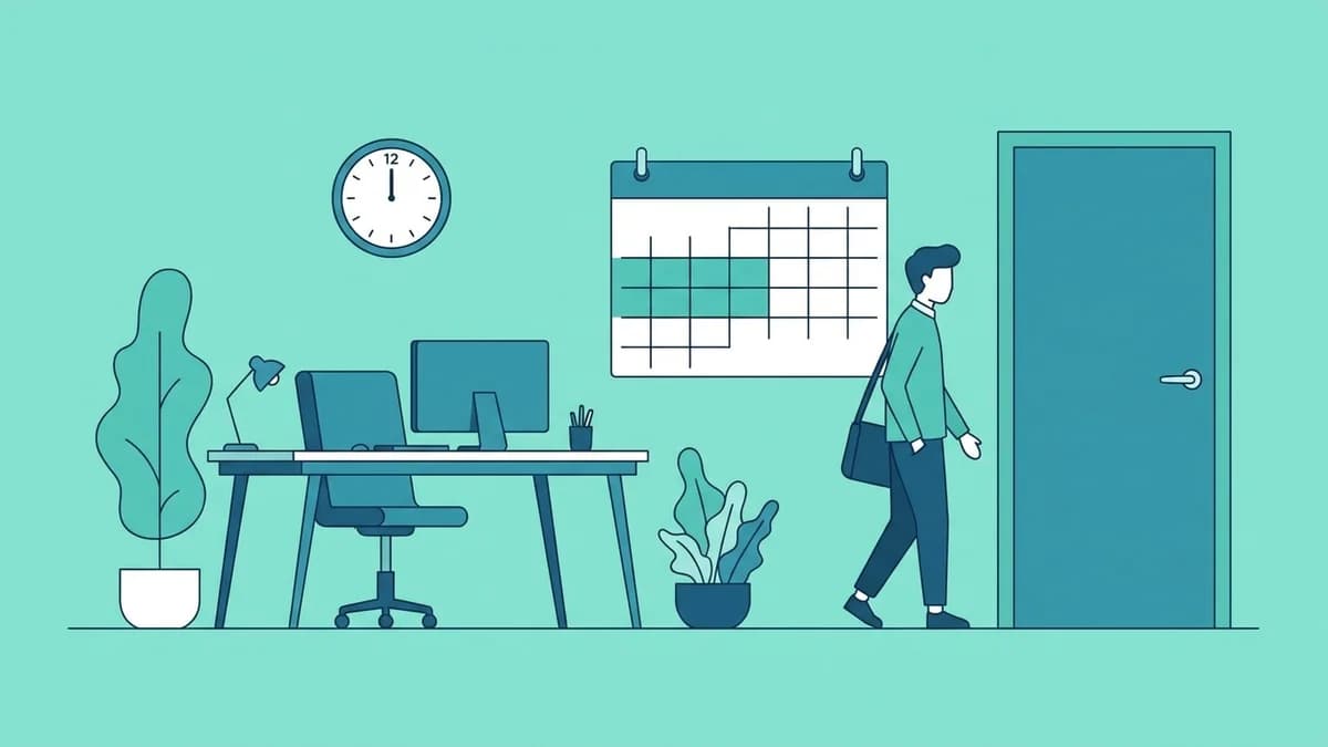 Line illustration of an employee leaving through an office door past a clock, wall calendar and empty desk