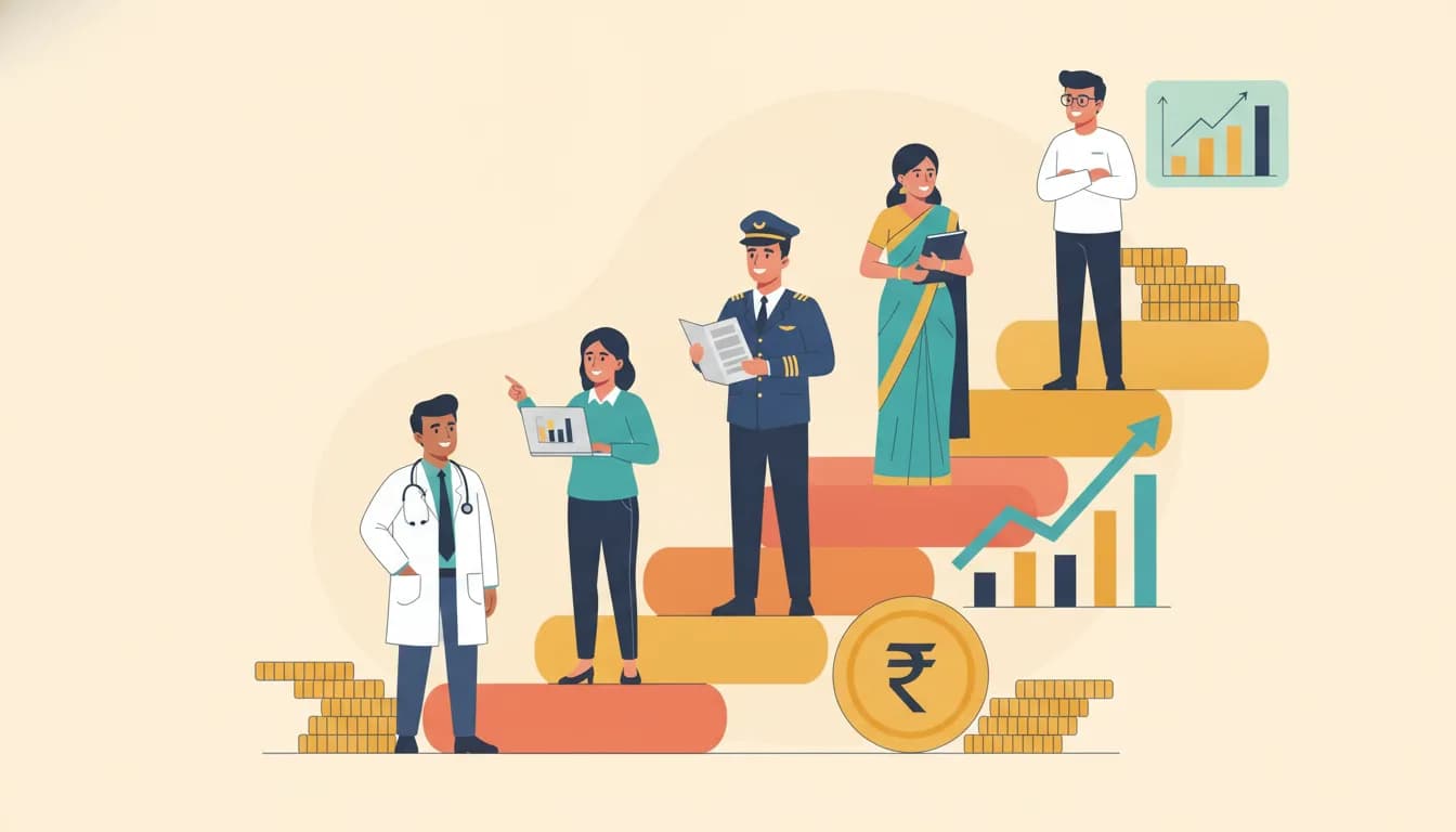 Flat vector illustration of five Indian professionals, a doctor, a software engineer, a pilot, a finance professional in a saree and a data scientist, standing on ascending steps beside stacks of gold rupee coins and a rising bar chart