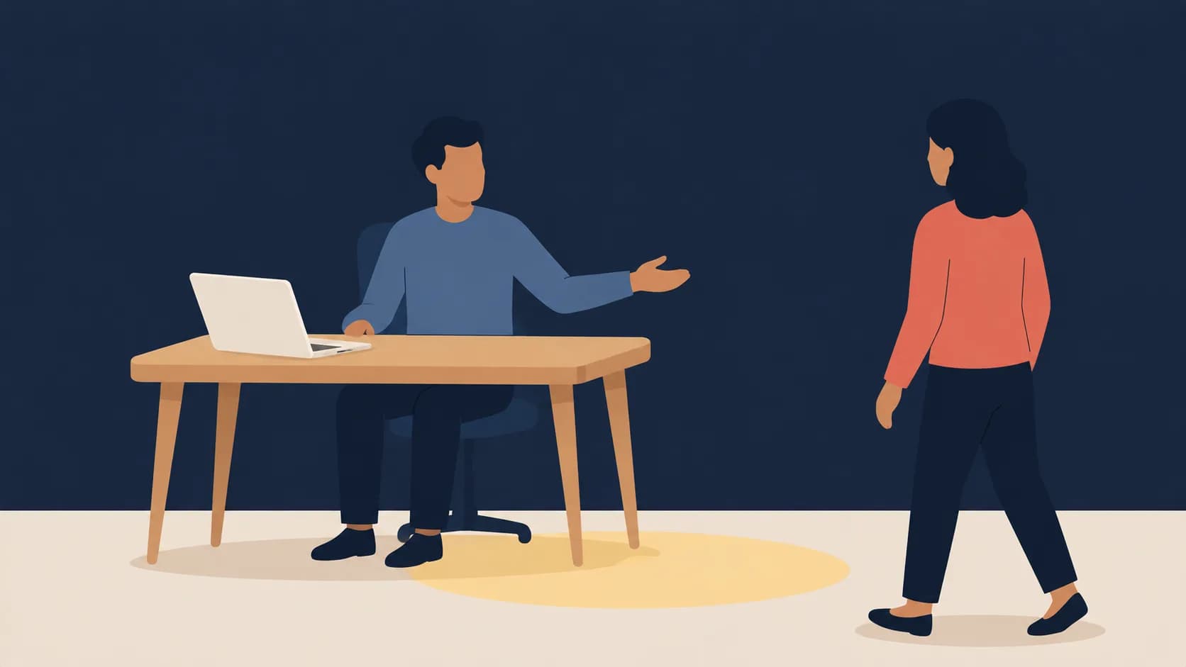 Flat illustration of a person turning away from their laptop to face an approaching colleague, representing being approachable at work.