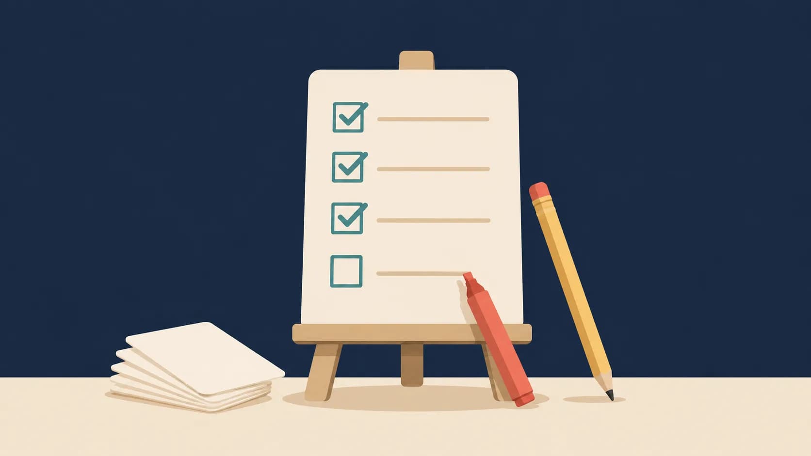 Flat illustration of a checklist board with completed items and a pencil, representing habits that build reliability at work.