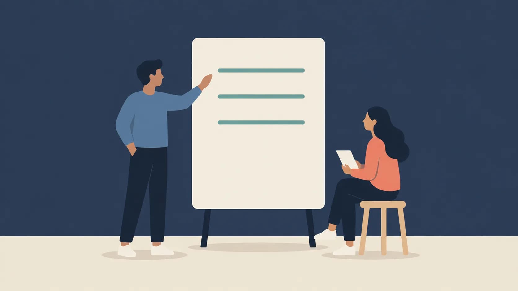 Flat illustration of one colleague explaining at a board while another works independently, representing teaching rather than doing the work for them.
