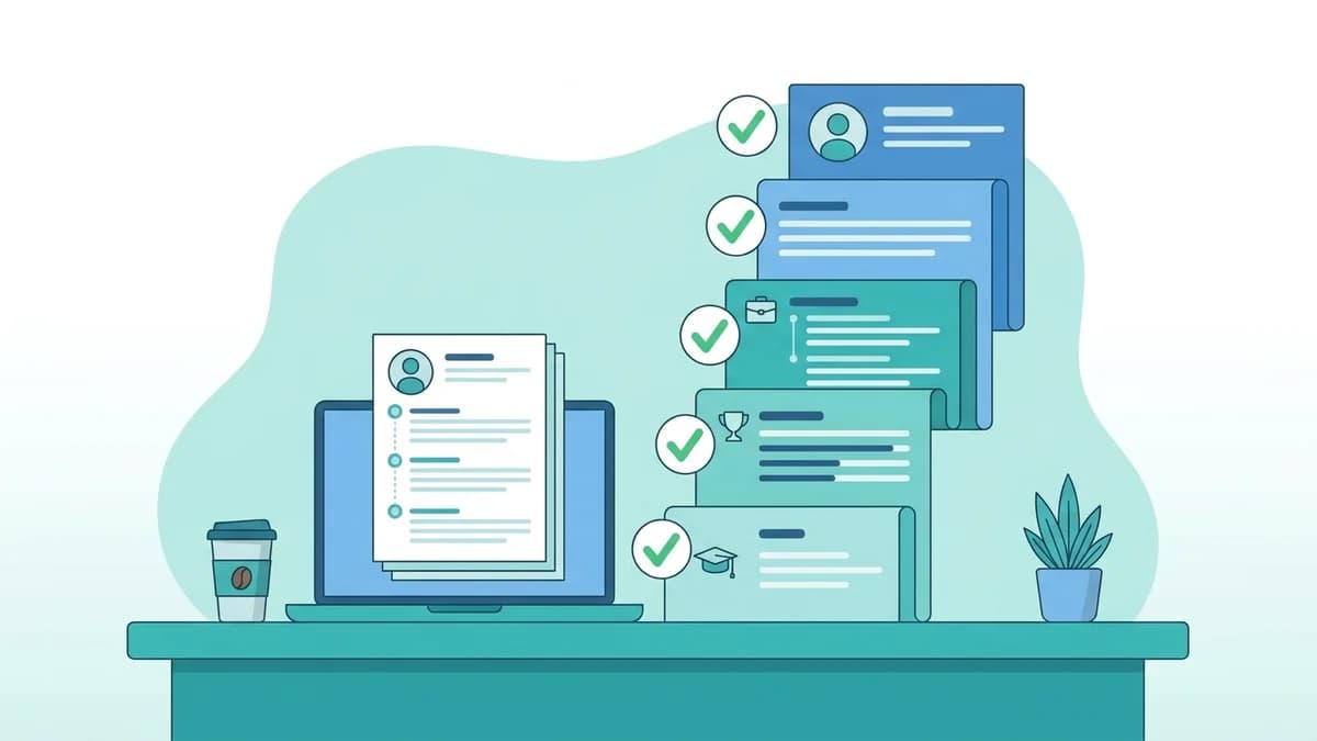 Illustration of a laptop and printed resume on a teal desk beside ticked sections for education, work and awards