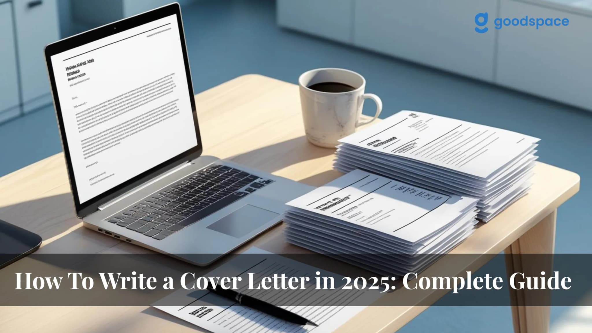 Laptop on a wooden desk showing a cover letter draft, beside a coffee mug and tall stacks of printed pages