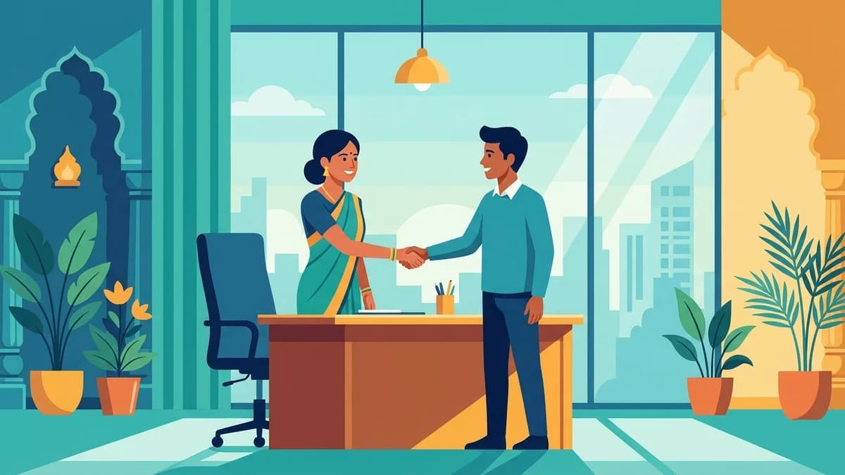 Flat illustration of a woman in a saree shaking hands with a candidate across a desk after an HR interview