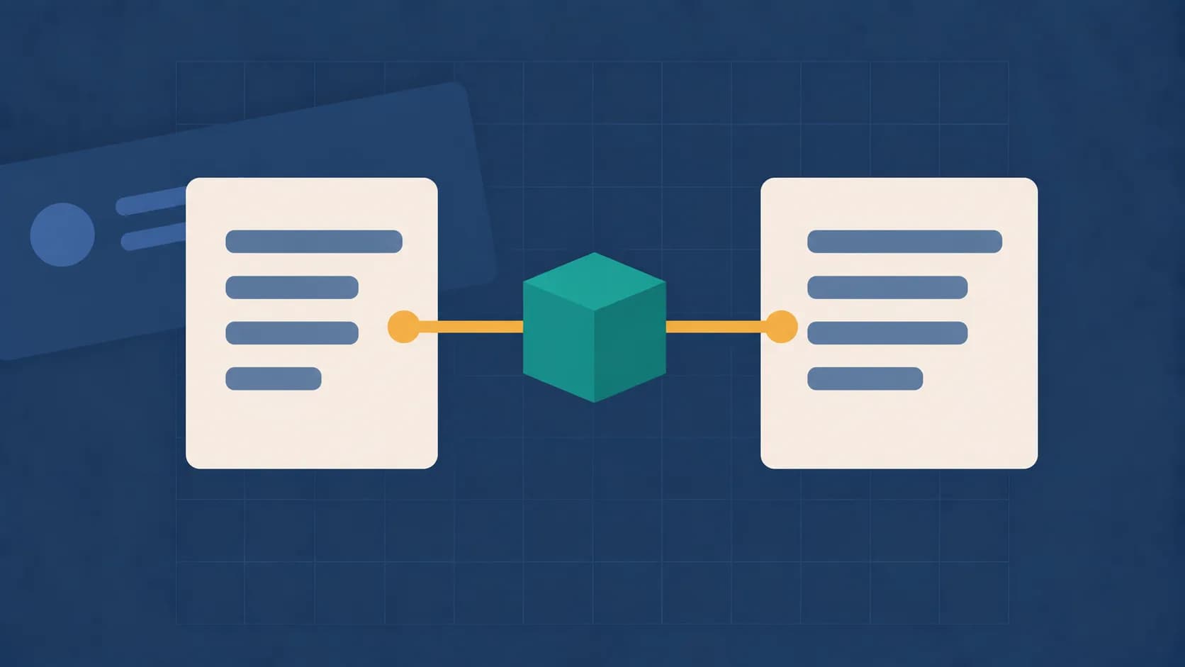 Geometric illustration of a cube suspended between two facing brackets, representing HR outsourcing handover.