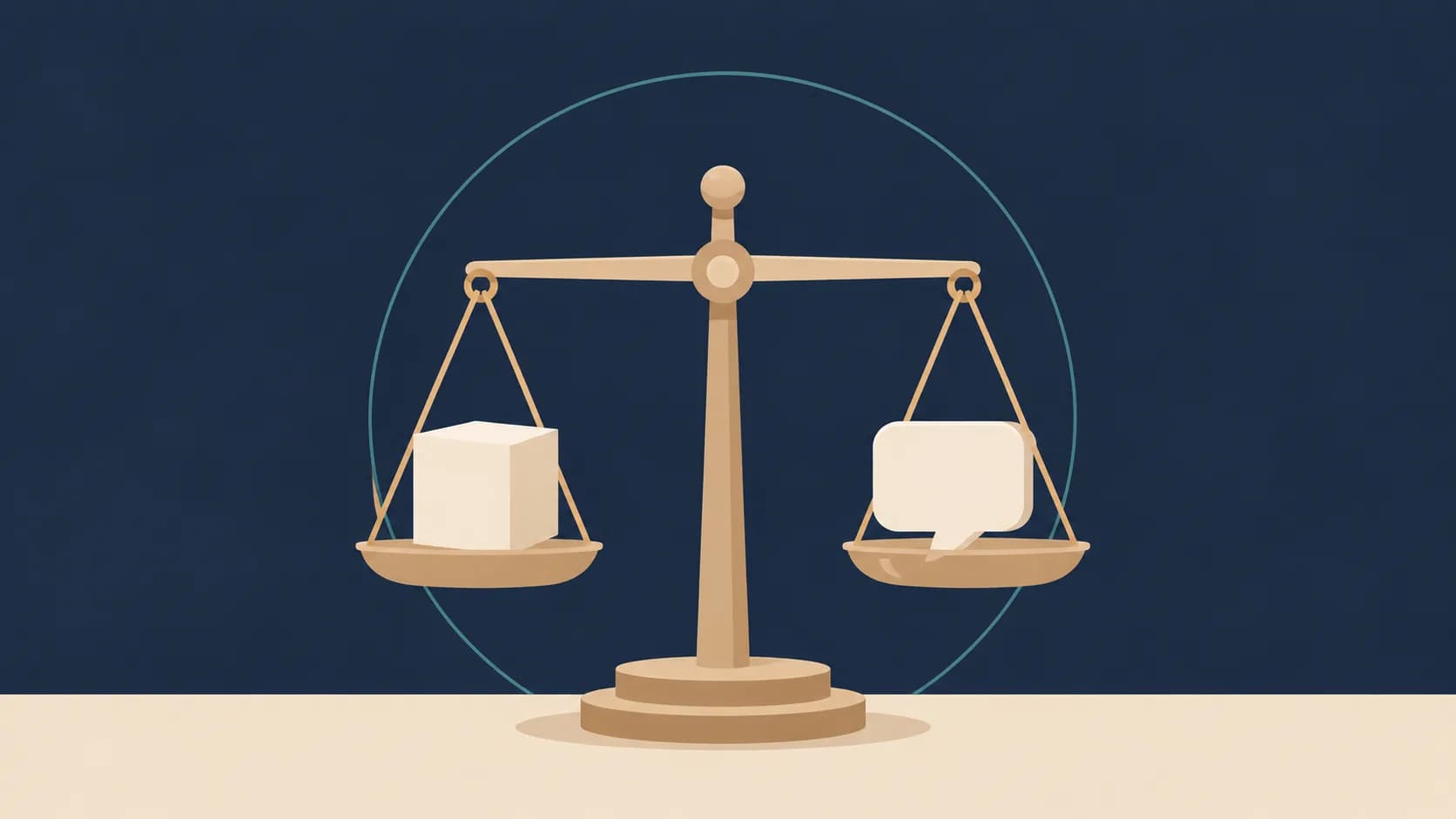 Flat illustration of a balance scale weighing a solid block against a speech bubble, representing the difference between integrity and honesty.