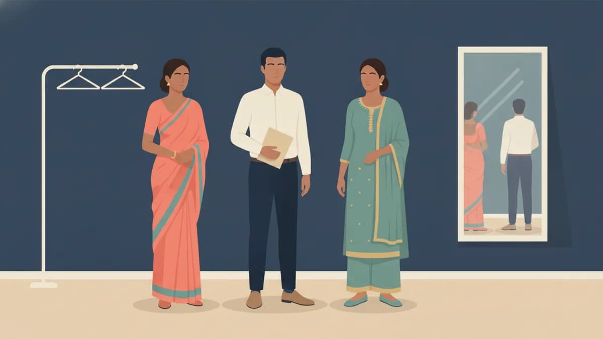 Illustration of three Indian job candidates in a saree, kurta and formal shirt beside a clothes rail and mirror