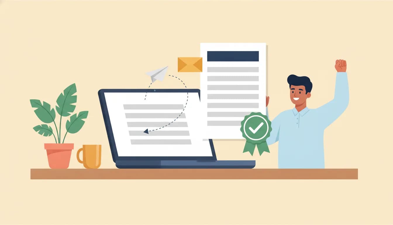 Flat vector illustration of a smiling Indian professional at a desk with a laptop showing a blank email composer, a paper airplane and envelope flying out, and a signed offer letter marked with a green checkmark
