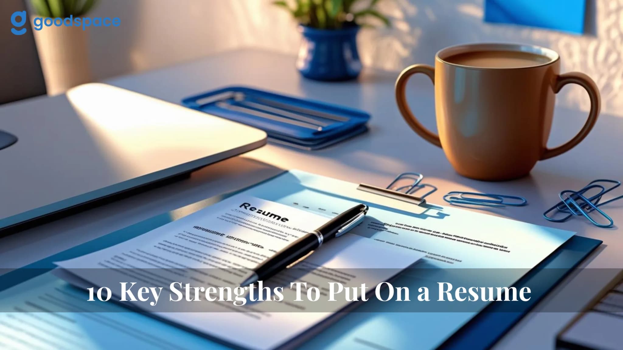 Printed resume and pen on a desk with a coffee mug, paper clips and a laptop, key resume strengths