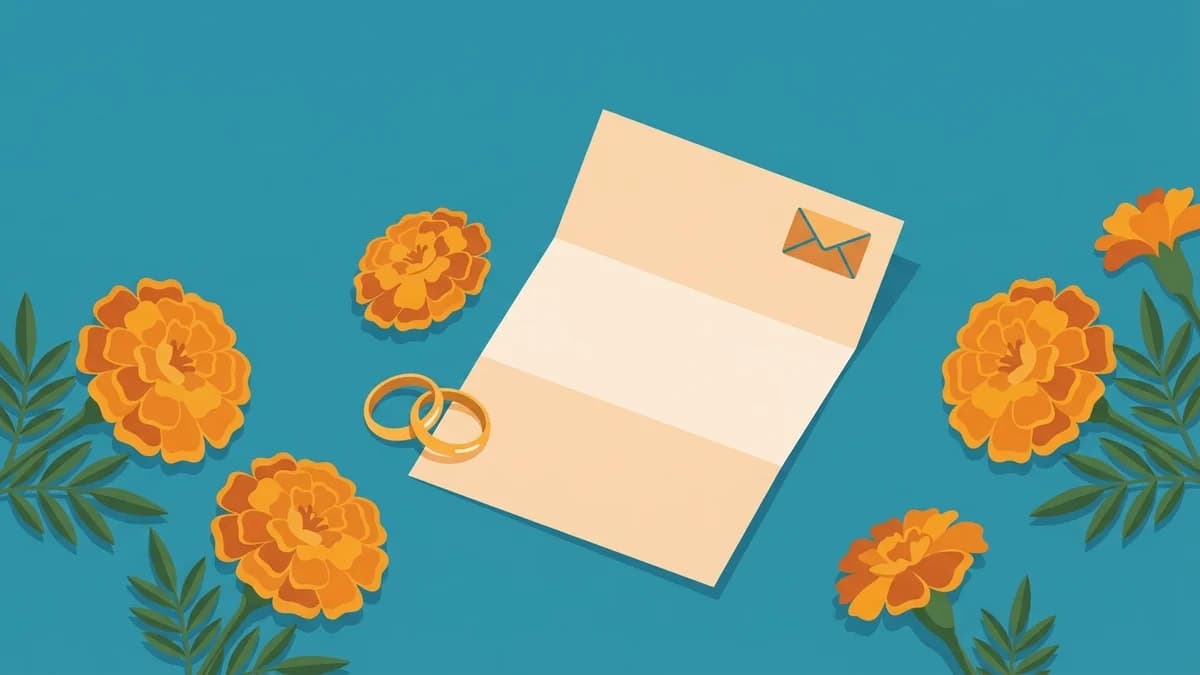 Illustration of a folded letter with an envelope, gold wedding rings and marigold flowers, for a marriage leave application