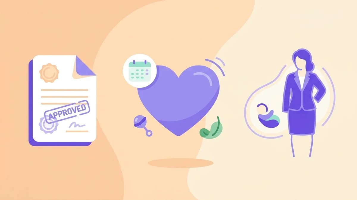 Illustration of an approved leave document, a calendar on a purple heart, a baby rattle and a working mother