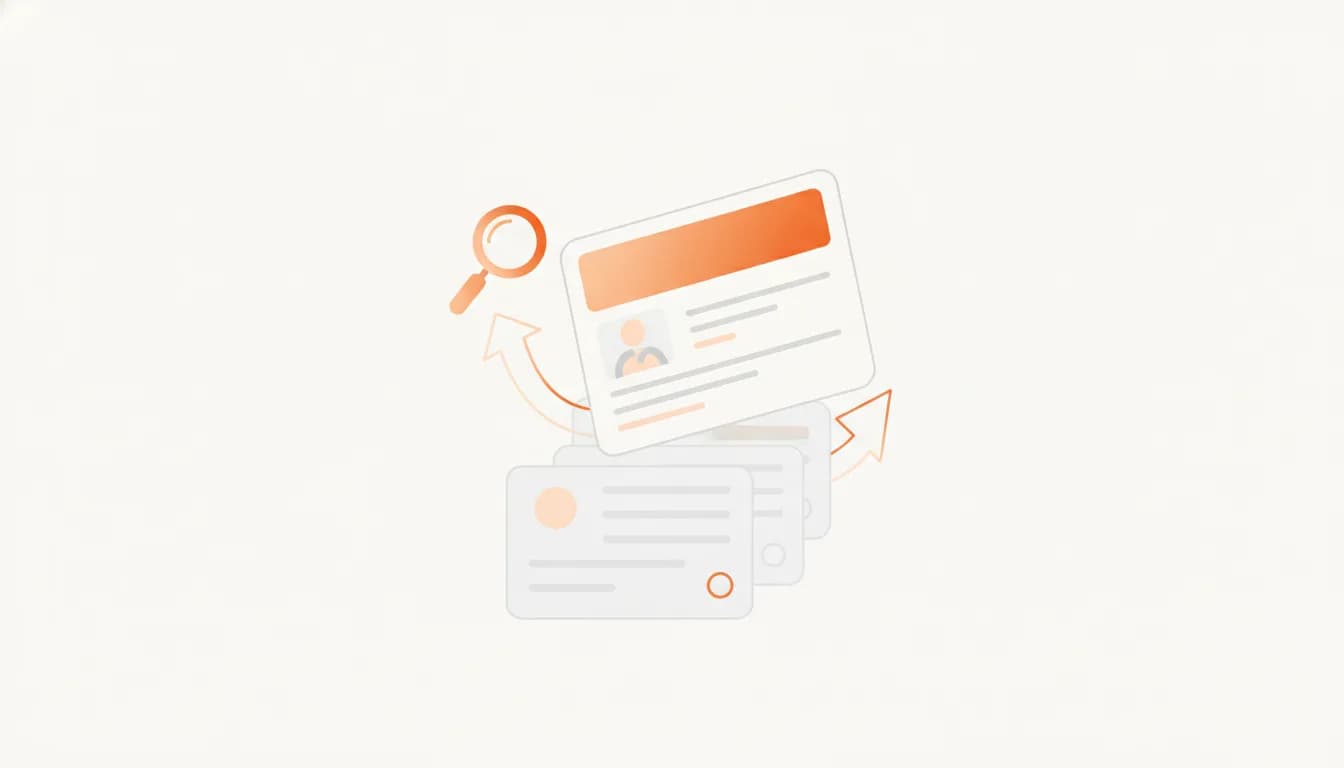 Illustration of stacked profile cards with one orange headline card lifting away beside a magnifying glass and upward arrows