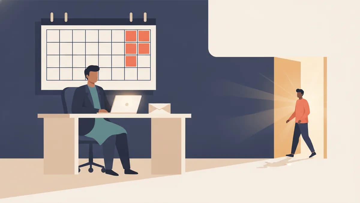 Illustration of a manager at a laptop under a wall calendar with red marked dates as an employee walks out