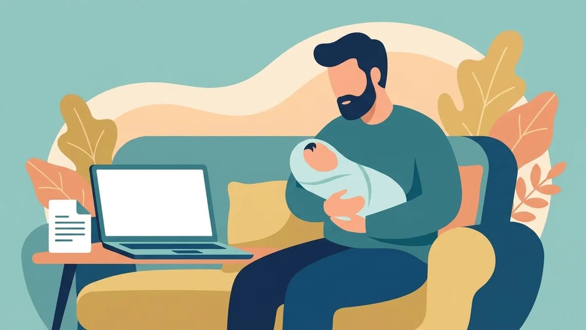 Illustration of a bearded father cradling a swaddled newborn on a sofa beside an open laptop and a letter