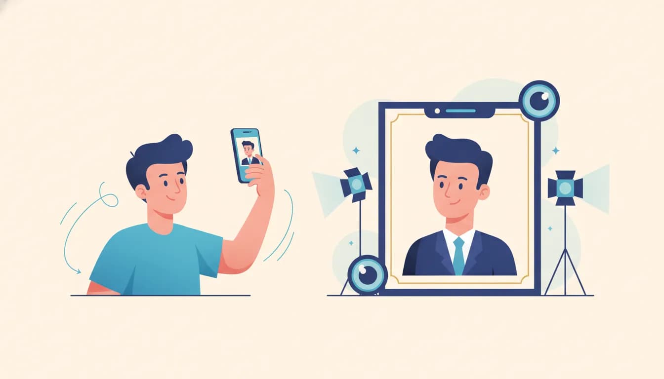 Illustration of a man taking a phone selfie beside the same photo turned into a studio headshot