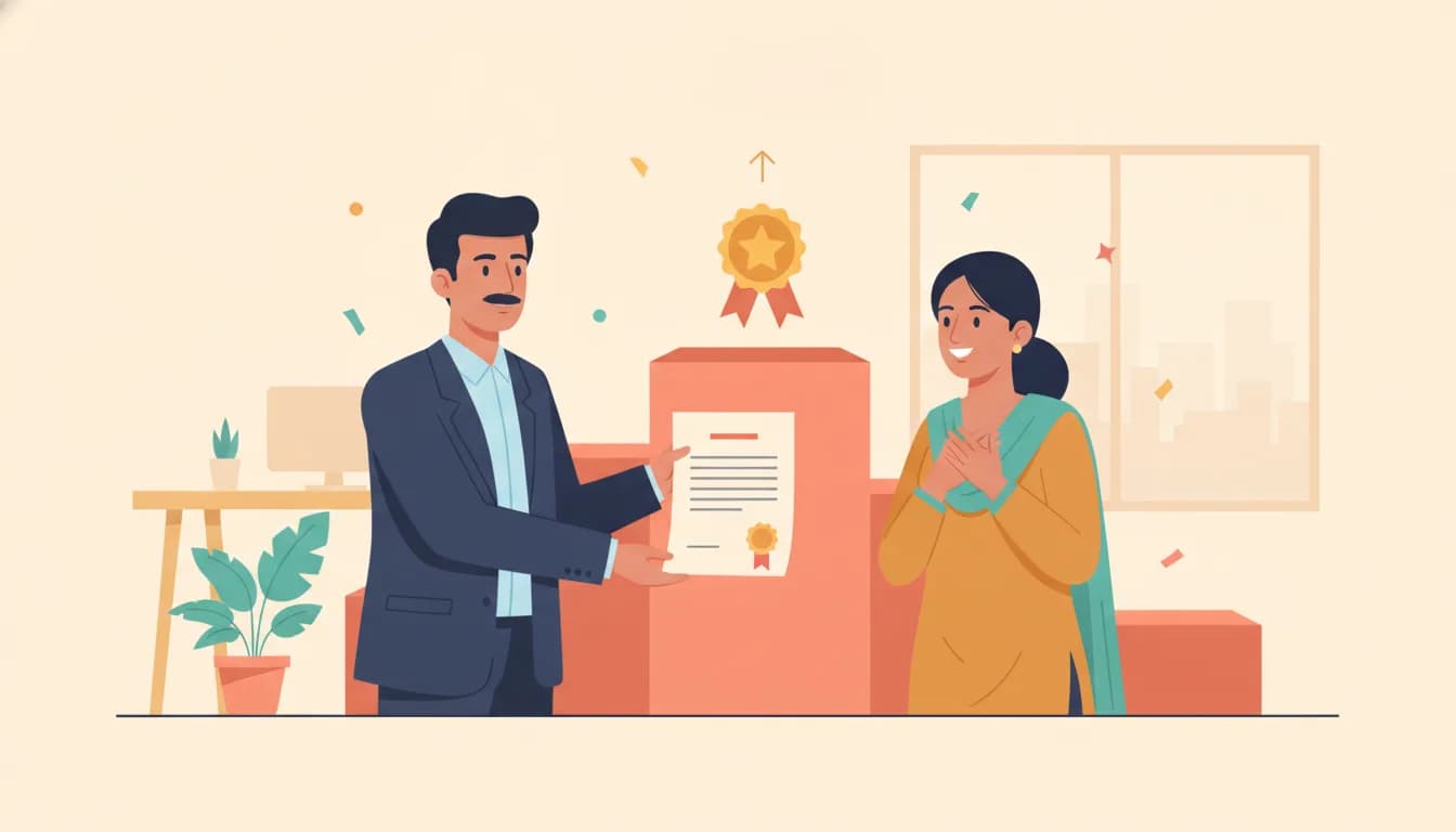 Flat vector illustration of an Indian manager handing a promotion letter with a gold seal to a delighted employee in a kurta, with ascending podium steps, a gold star badge, an upward arrow and confetti behind them