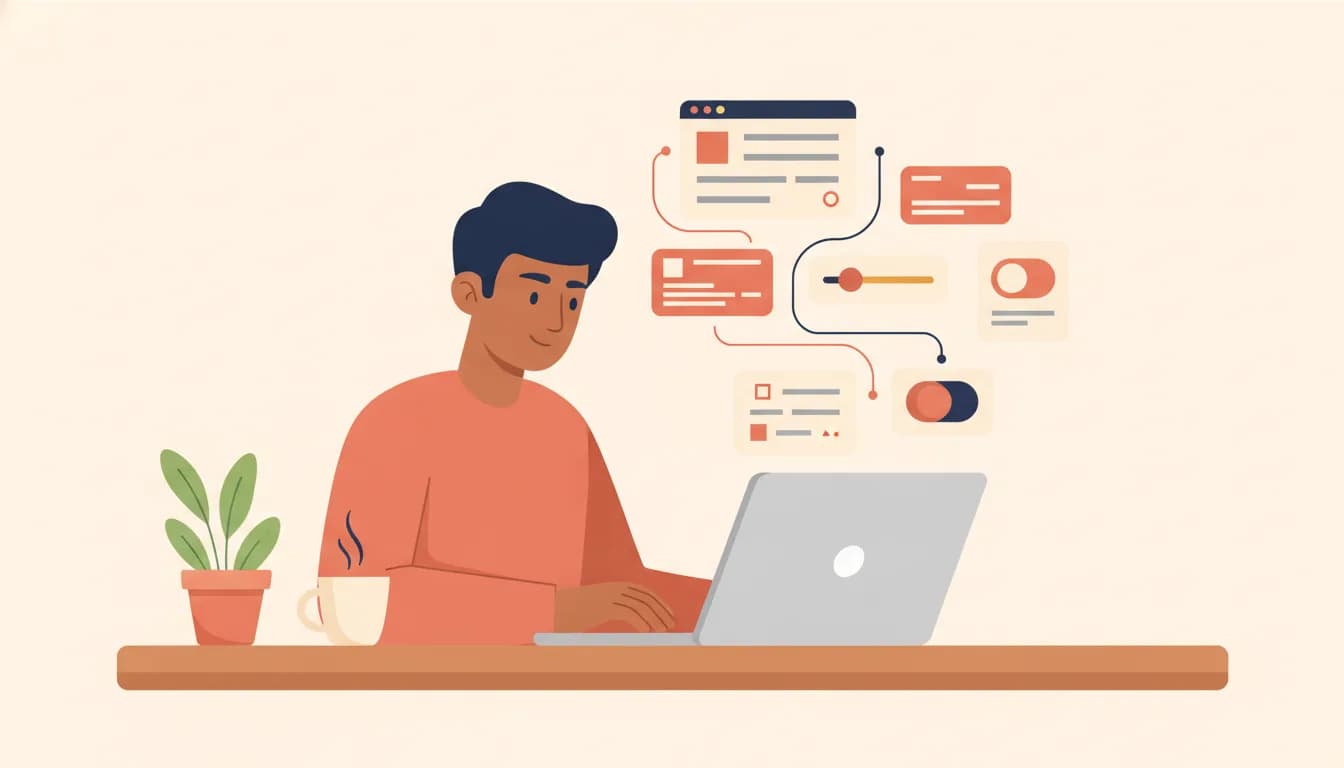 Flat illustration of an Indian frontend developer at a laptop with abstract user interface building blocks connected into a component tree, representing a React developer learning path
