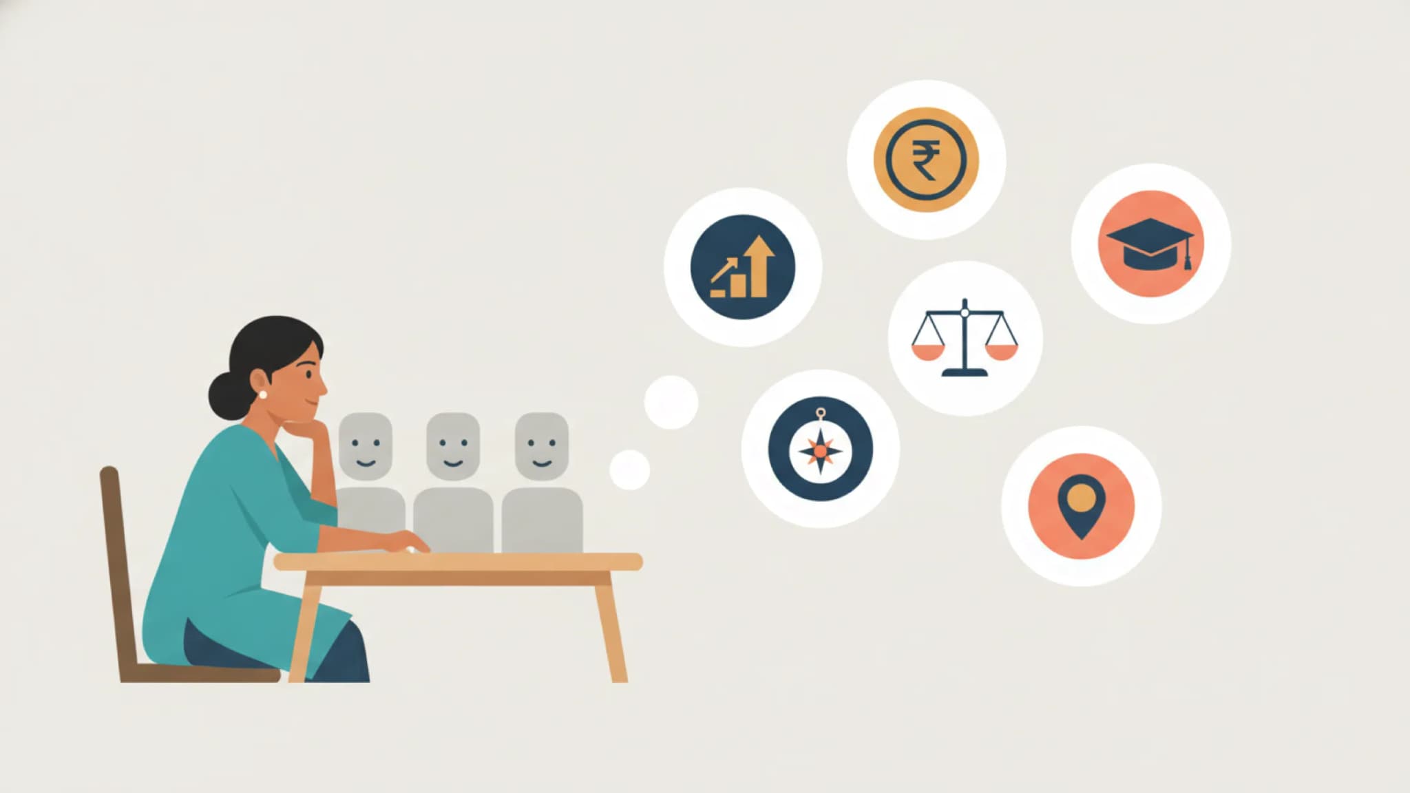 Flat illustration of a professional woman in a teal kurta seated across a desk from an interview panel, with a thought cluster of icon bubbles beside her showing a growth arrow, rupee coin, balance scale, graduation cap, compass and location pin as reasons for changing jobs