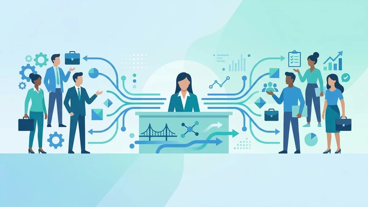 Illustration of a recruiter at a central desk, with arrows linking her to job seekers, employers, charts and briefcases