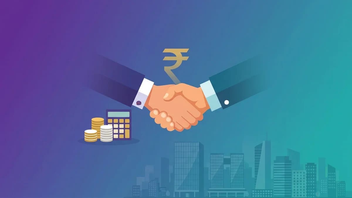 Illustration of a business handshake under a gold rupee symbol, with coins, a calculator and a city skyline