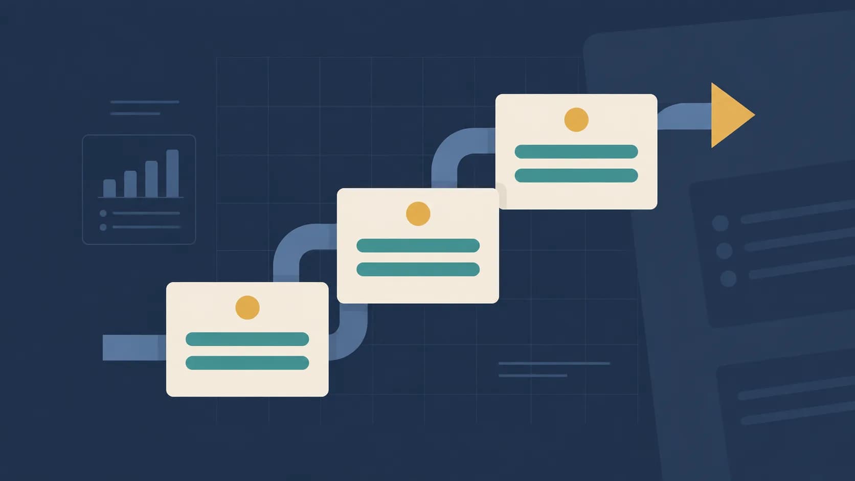 Geometric illustration of three linked squares along a single arrow, representing recruitment process outsourcing.