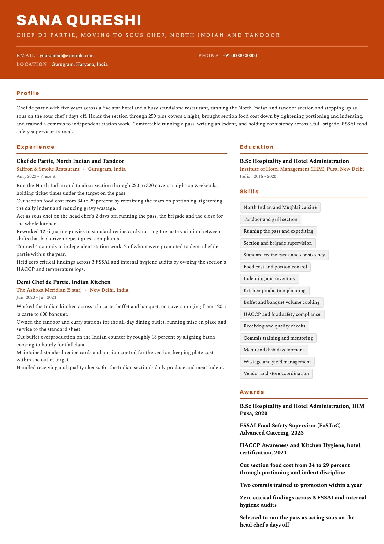 Chef resume example for Chef de Partie to Sous (5 years), header-band template, showing professional summary, work experience, skills, education and certifications