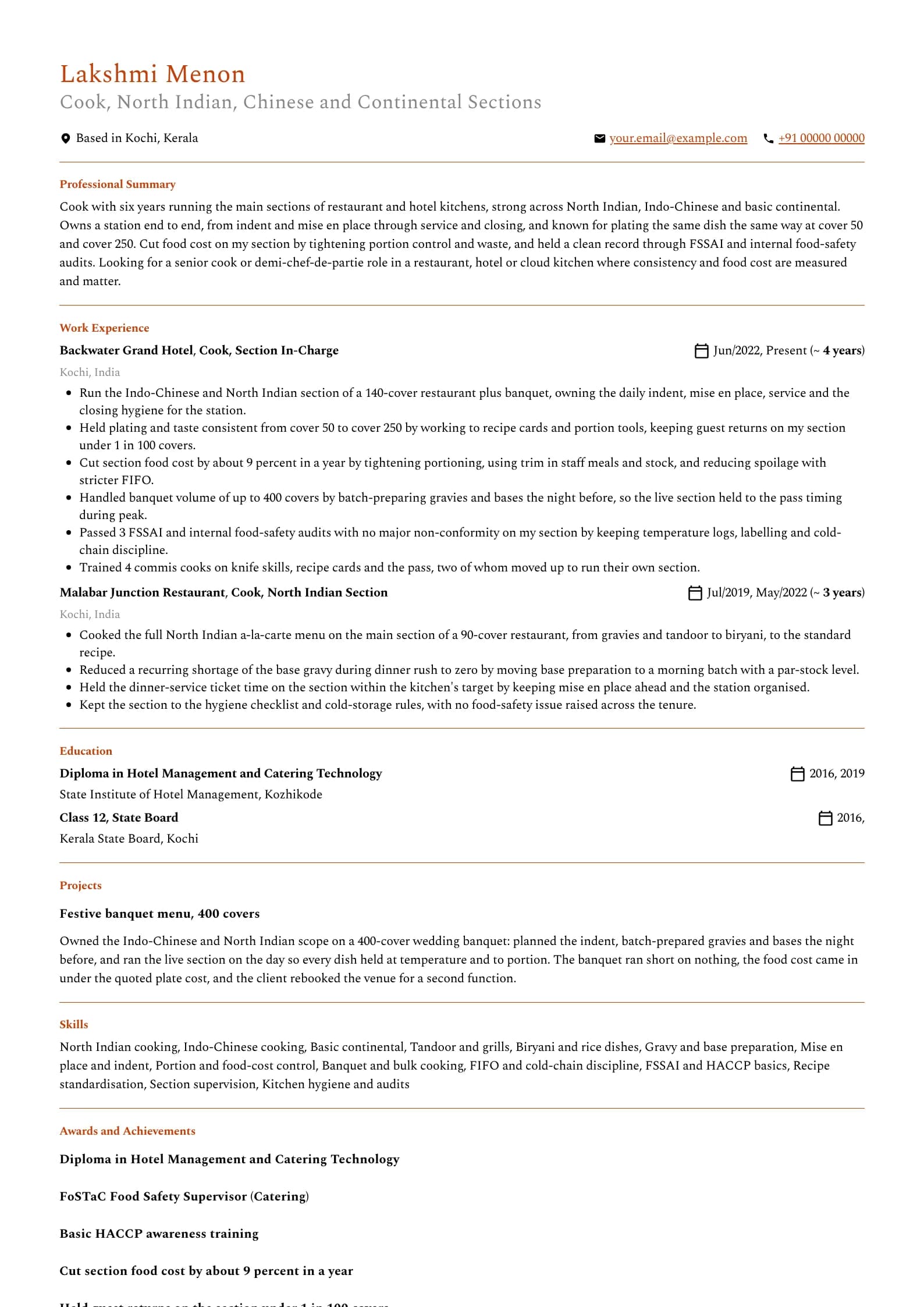 Cook resume example for Cook, Section In-Charge (6 years), professional template, showing professional summary, work experience, projects, skills, education and certifications