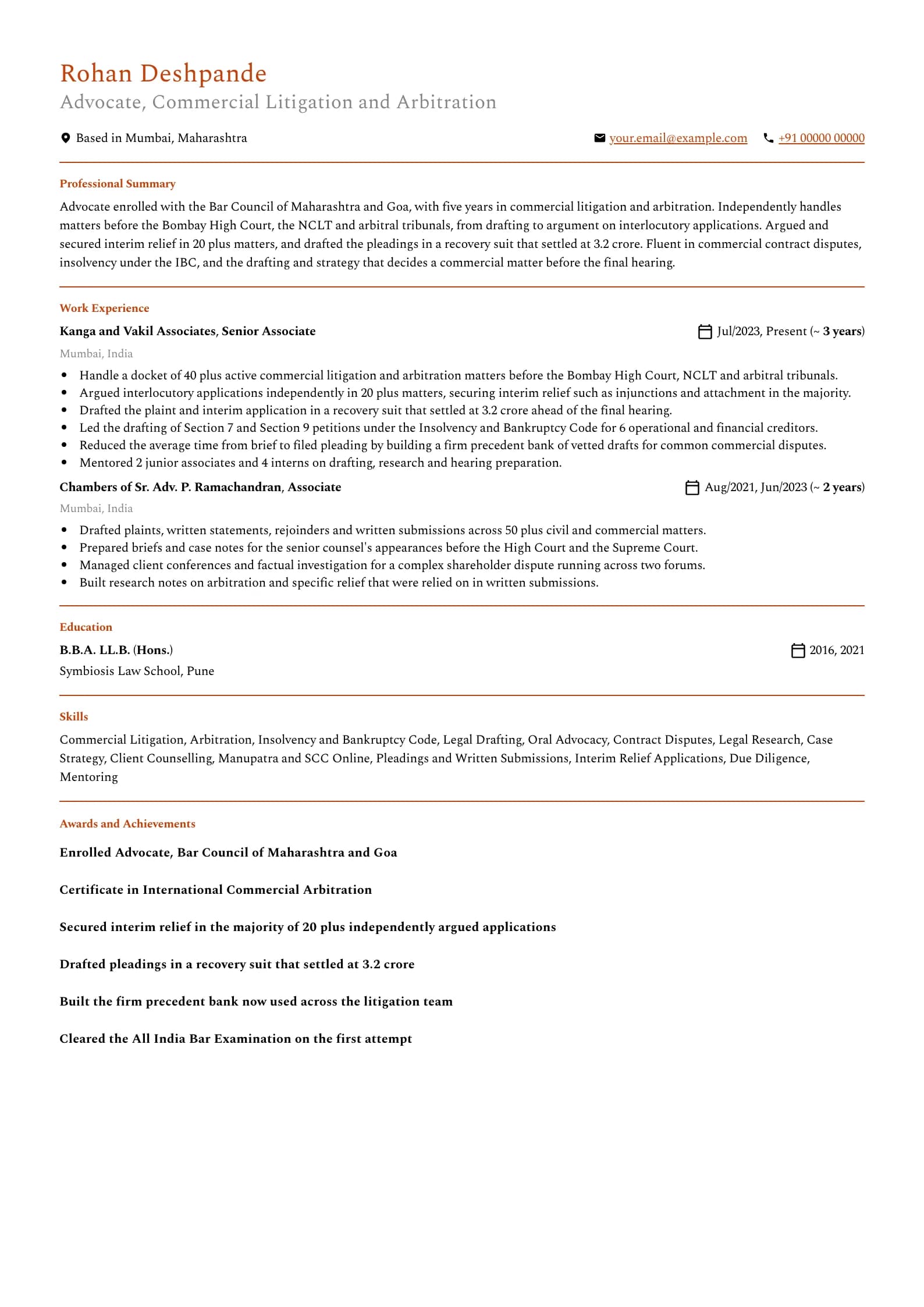 Lawyer resume example for Mid-level (5 years), professional template, showing professional summary, work experience, skills, education and certifications