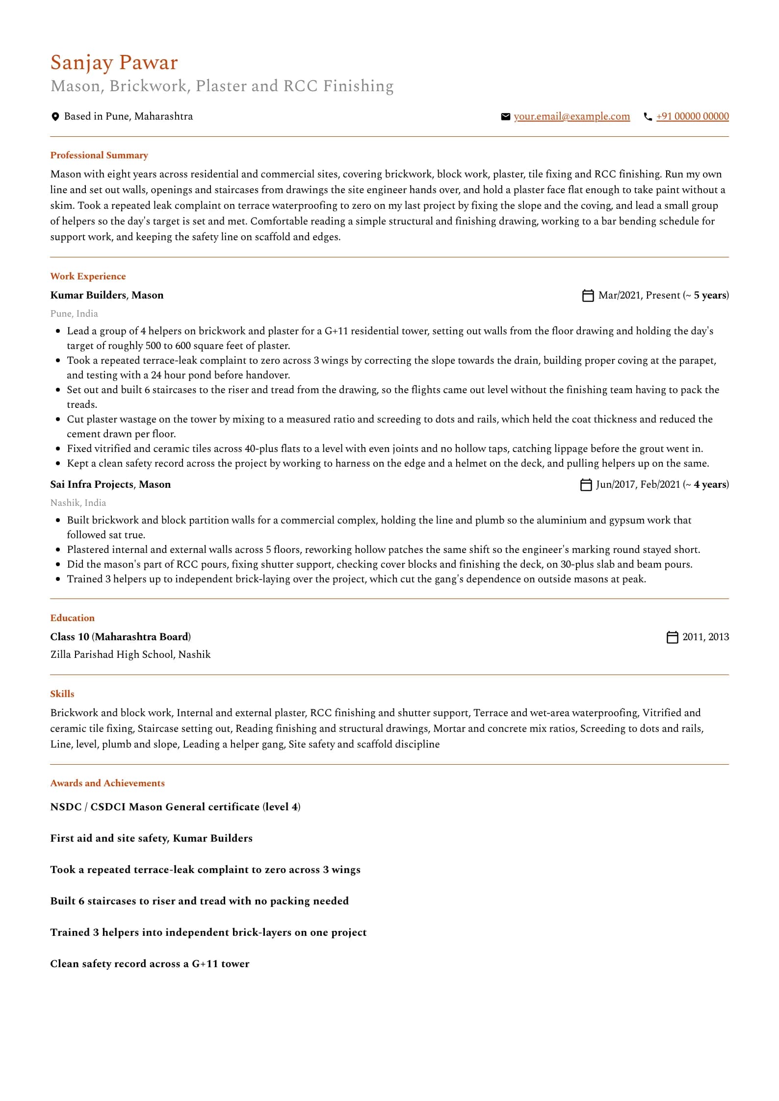 Mason resume example for Mason (8 years), professional template, showing professional summary, work experience, skills, education and certifications