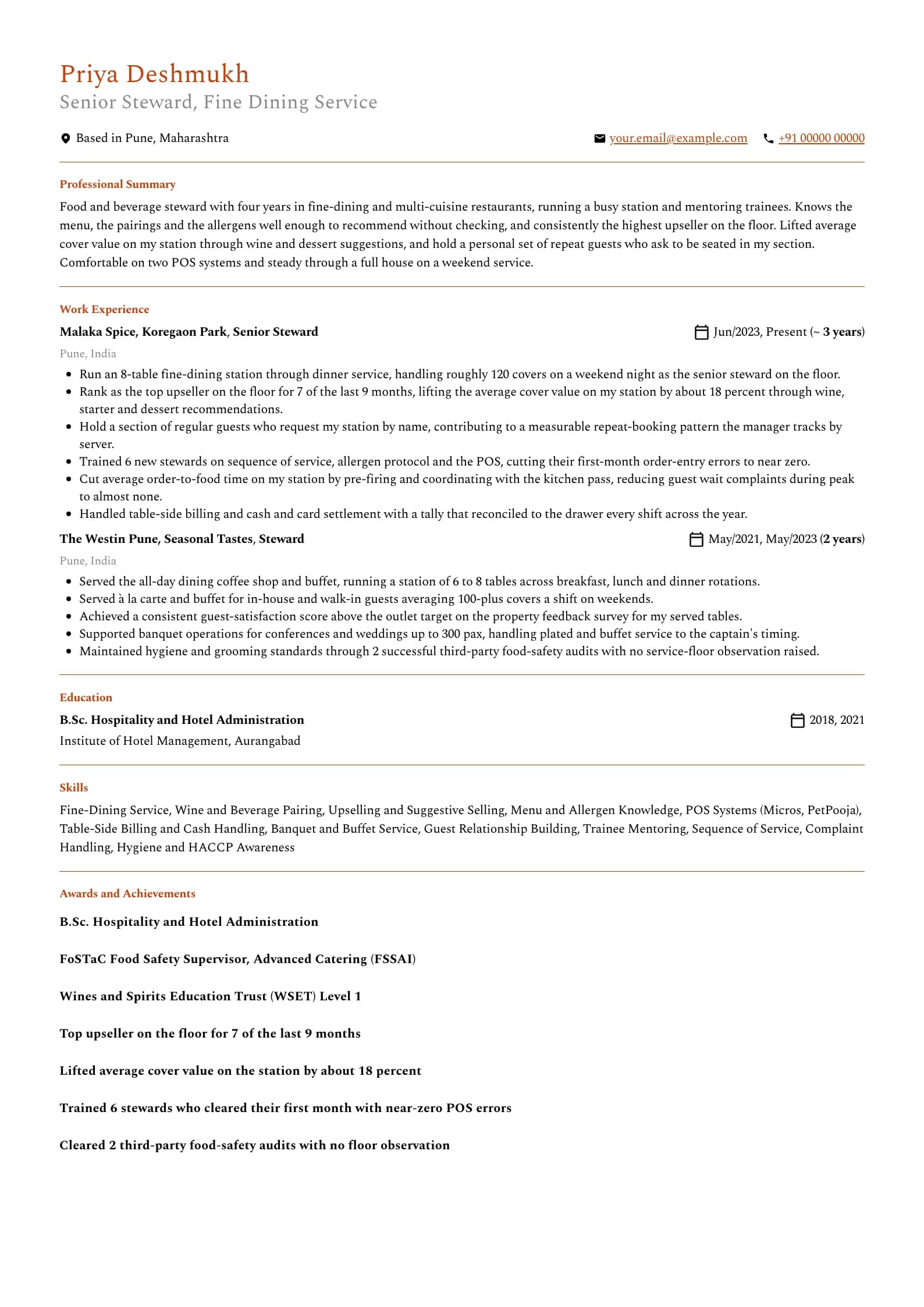 Waiter resume example for Steward (4 years), professional template, showing professional summary, work experience, skills, education and certifications