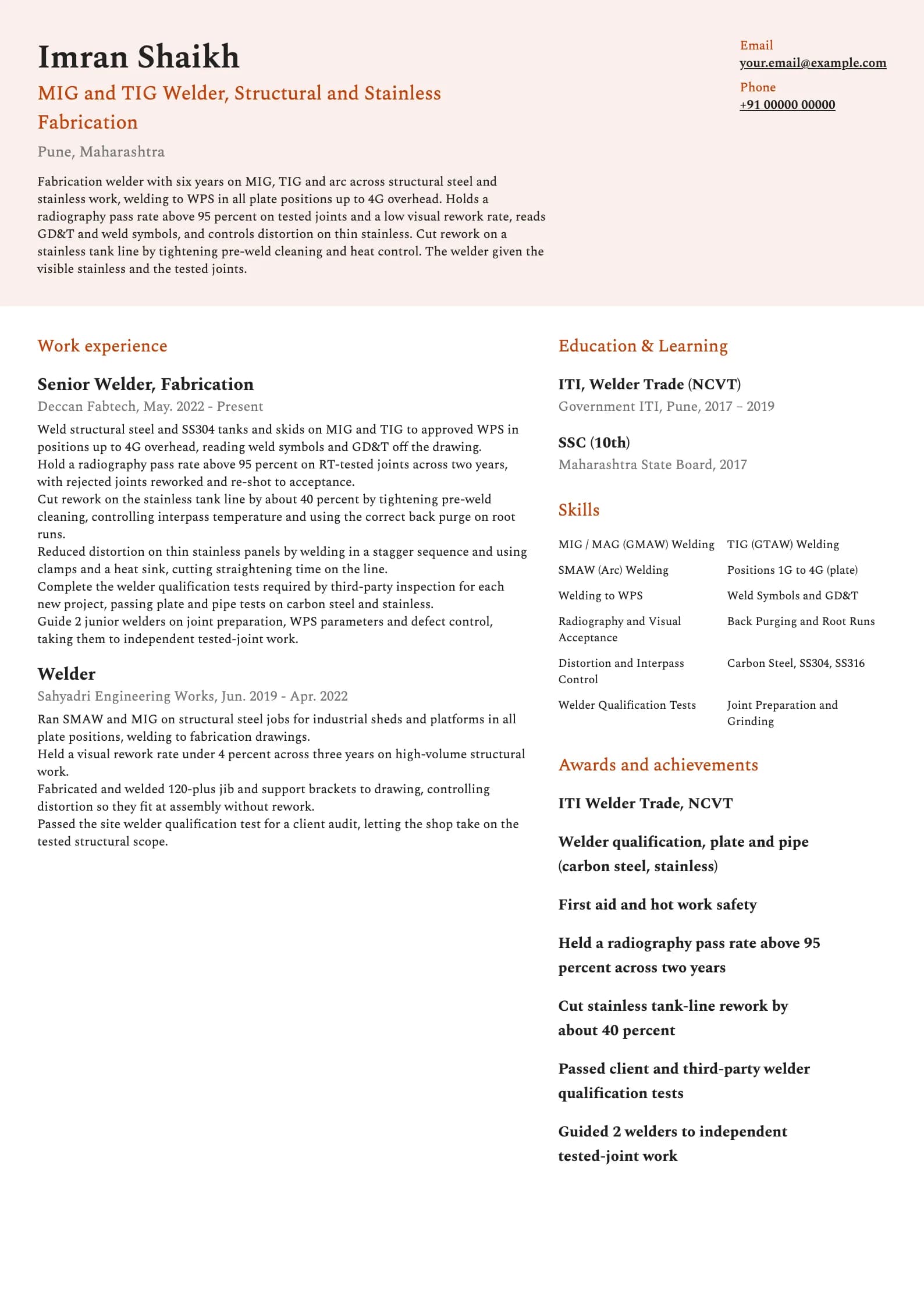 Welder resume example for Fabrication Welder (6 years), modern template, showing professional summary, work experience, skills, education and certifications