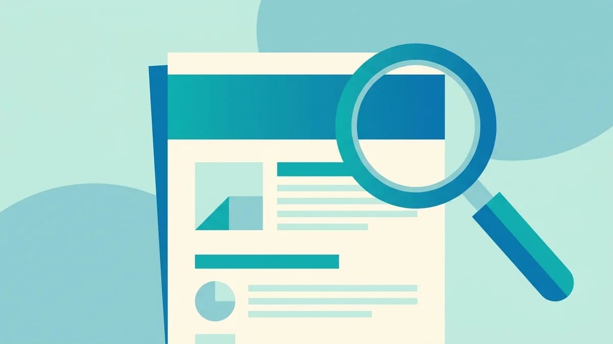 Illustration of a magnifying glass zooming into the bold blue header line at the top of a teal resume